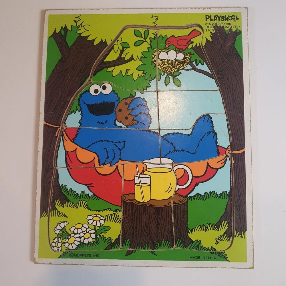 Vintage 1979 Playskool Sesame Street Wood Tray Puzzles Big‎ Bird Cookie Monster